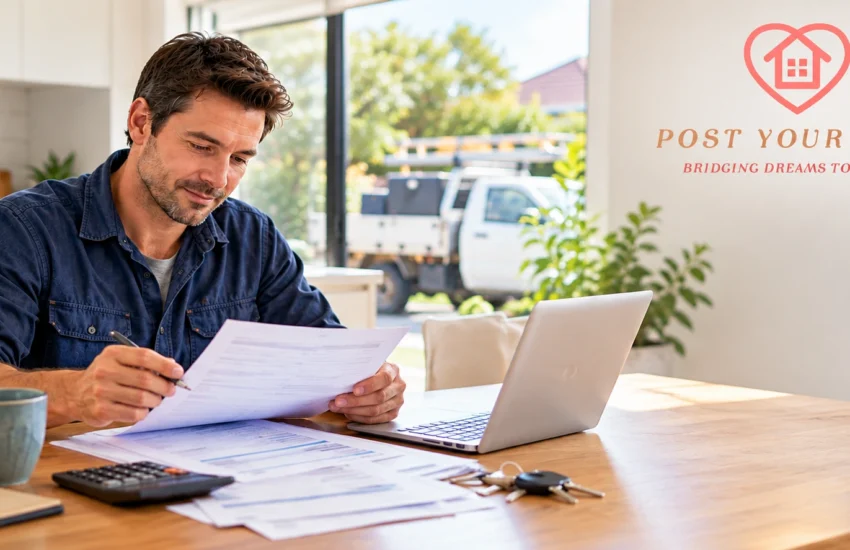 Self-employed business owner reviewing home loan documents at a desk